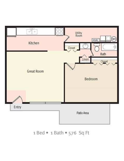 Floor plan for 1 bed, 1 bath, 576 sqft